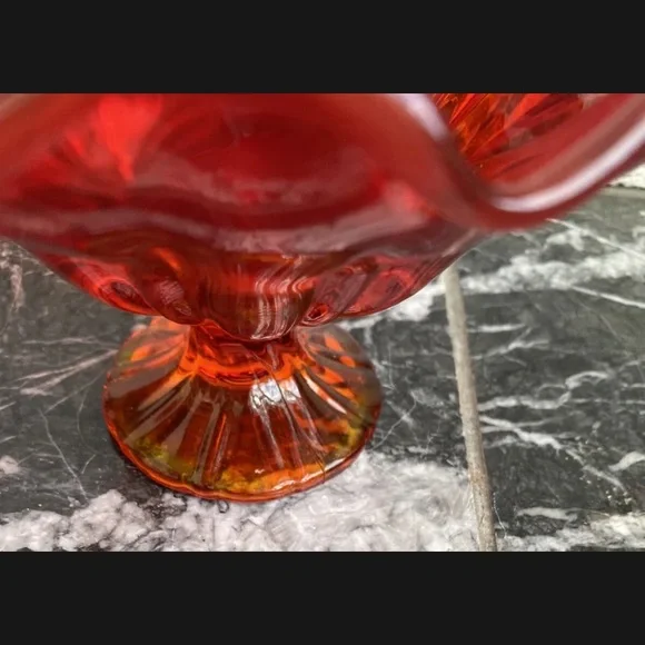 Vintage Glass Amberina Red Yellow 9 Petal Pedestal Compote/Bon Bon Candy Bowl. - Picture 3 of 8